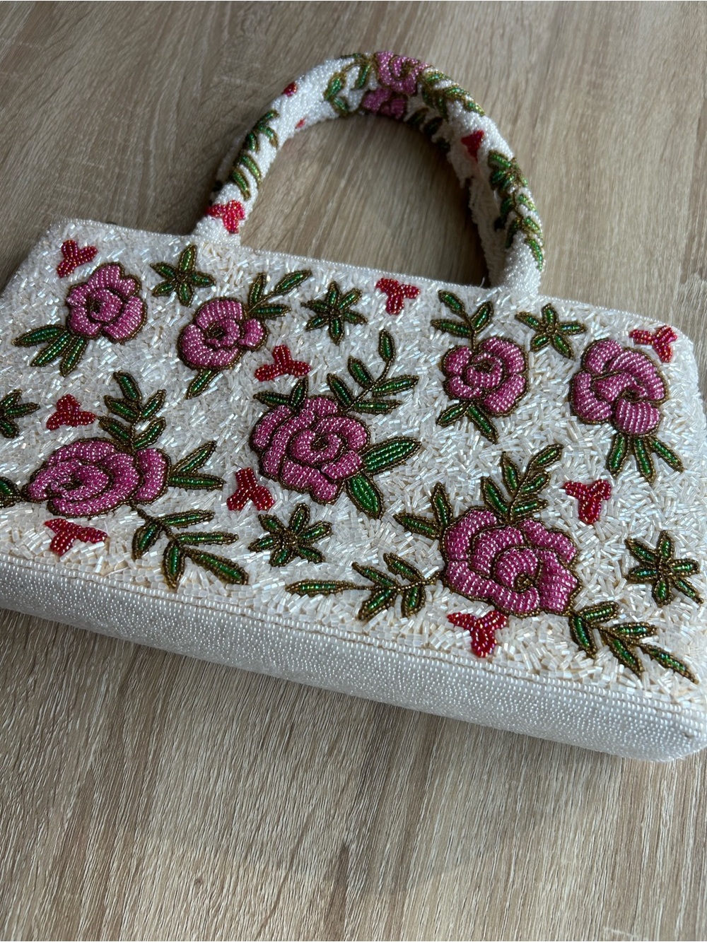 Vintage Beaded Floral Handbag Pink and White Rose - Picture 2 of 5